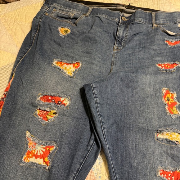 torrid Denim - Torrid Bombshell Upcycled Floral Patchwork Straight Leg Jeans Blue 28T Plus Size